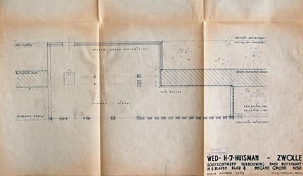 <p>Ontwerp van architect Th. G. Verlaan uit 1965 voor de nieuwbouw van de firma wed. H.J. Huisman, plattegrond (archief RCE). </p>
